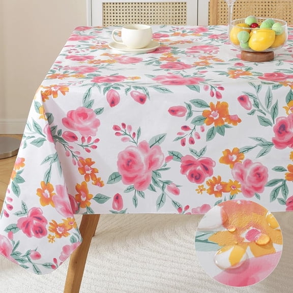 Summer Vinyl Tablecloth With Flannel Backed For Rectangle Table, Heavy Weight Waterproof Oil-Proof PVC Tablecloth Spill-Proof Table Cover For Party Outdoor Picnic (Pink Flower, 60x84 Inch Rectangle)
