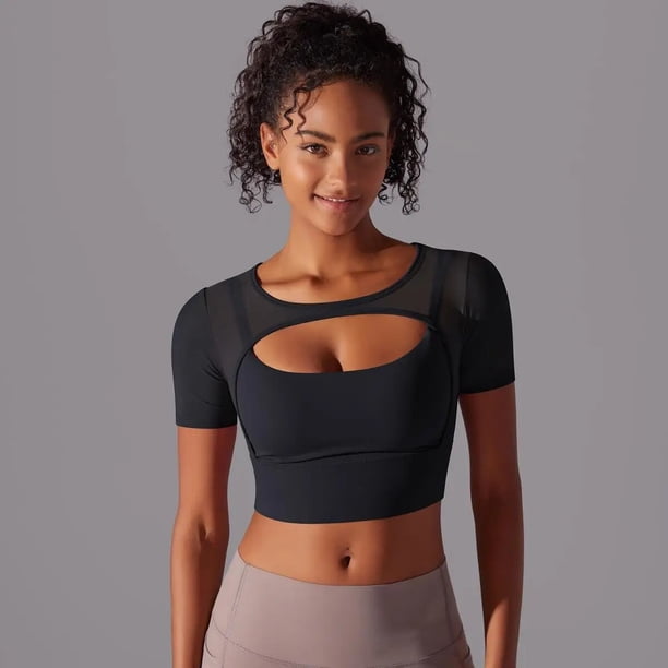 Top corto de malla para Fitness, camiseta de manga corta para entrenamiento de Yoga, Top ajustado para mujer, Pilates, correr, deporte y entrenamiento, camisetas de gimnasio, ropa deportiva