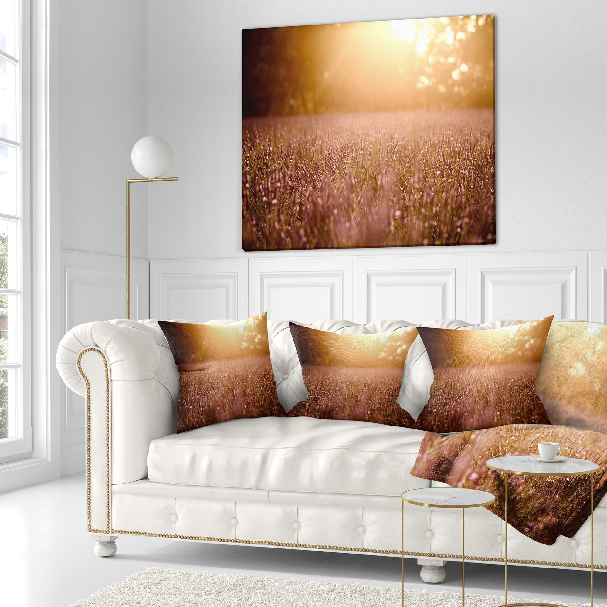 Designart Brown Tinged Lavender Field Sunset - Floral Throw Pillow - 18x18