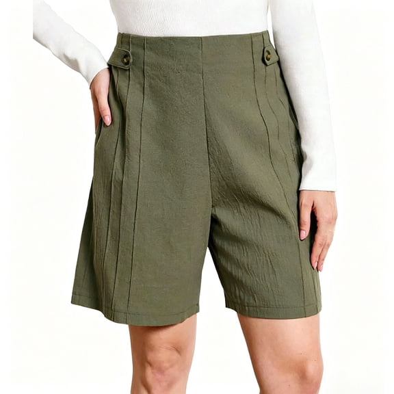 SwiftWear Women's Summer Casual Shorts High Waisted Pleated with Button Elastic Waistband Loose Fit Long Bermuda Shorts
