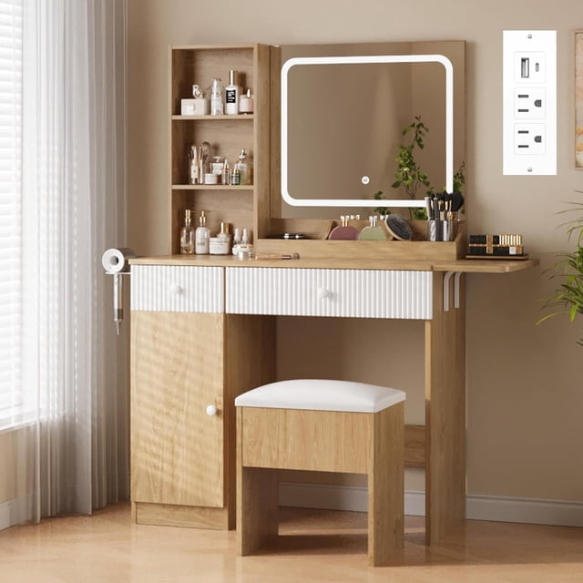 Ourlova Makeup Vanity with Lighted Mirror - Vanity Desk with Power Strip/Adjustable Lighting/Drawers and Cushioned Stool - Dressing Table for Bedroom - Natural