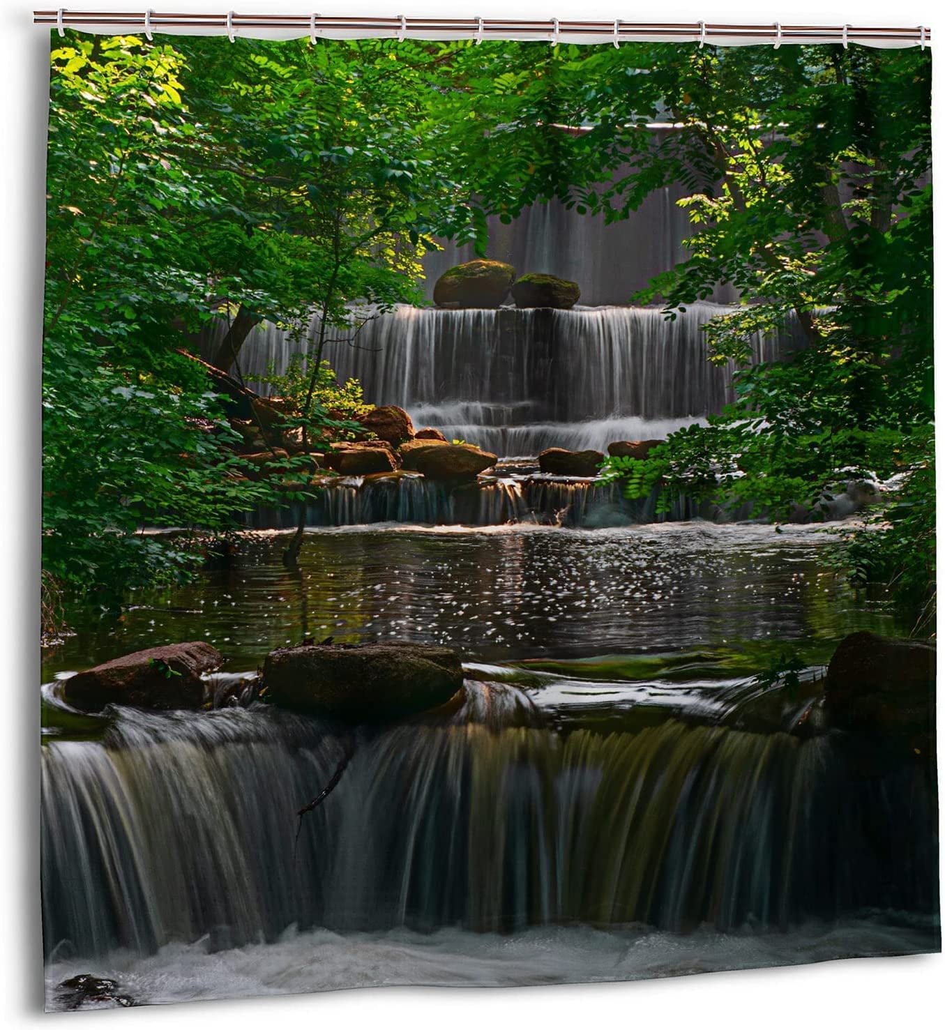 Tropical Jungle Waterfall Shower Curtain Green Plant Tree Leaves Stone