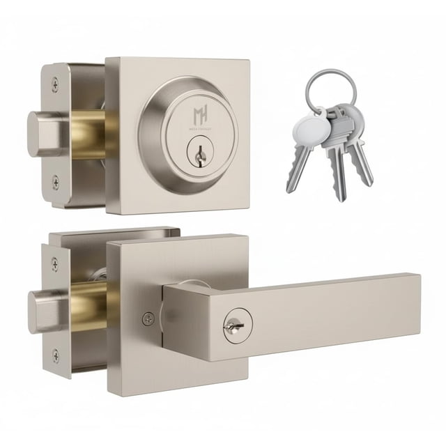 Mega Handles - Robell Entry Combo I Entry Lever Door Handle And Single Cylinder Deadbolt Lock And Key Combo Pack - Heavy Duty Square Locking Lever Set For Left Or Right-Handed Doors - Satin Nickel
