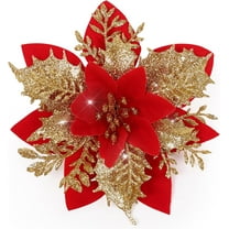 Christmas Poinsettia Artificial Flowers Christmas Tree Wreaths Garland Decoration 15 Pcs 5.5" Glitter Flowers Picks Decor for Xmas New Year Wedding Party Ornaments Gold
