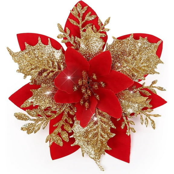 Christmas Poinsettia Artificial Flowers Christmas Tree Wreaths Garland Decoration 15 Pcs 5.5" Glitter Flowers Picks Decor for Xmas New Year Wedding Party Ornaments Gold
