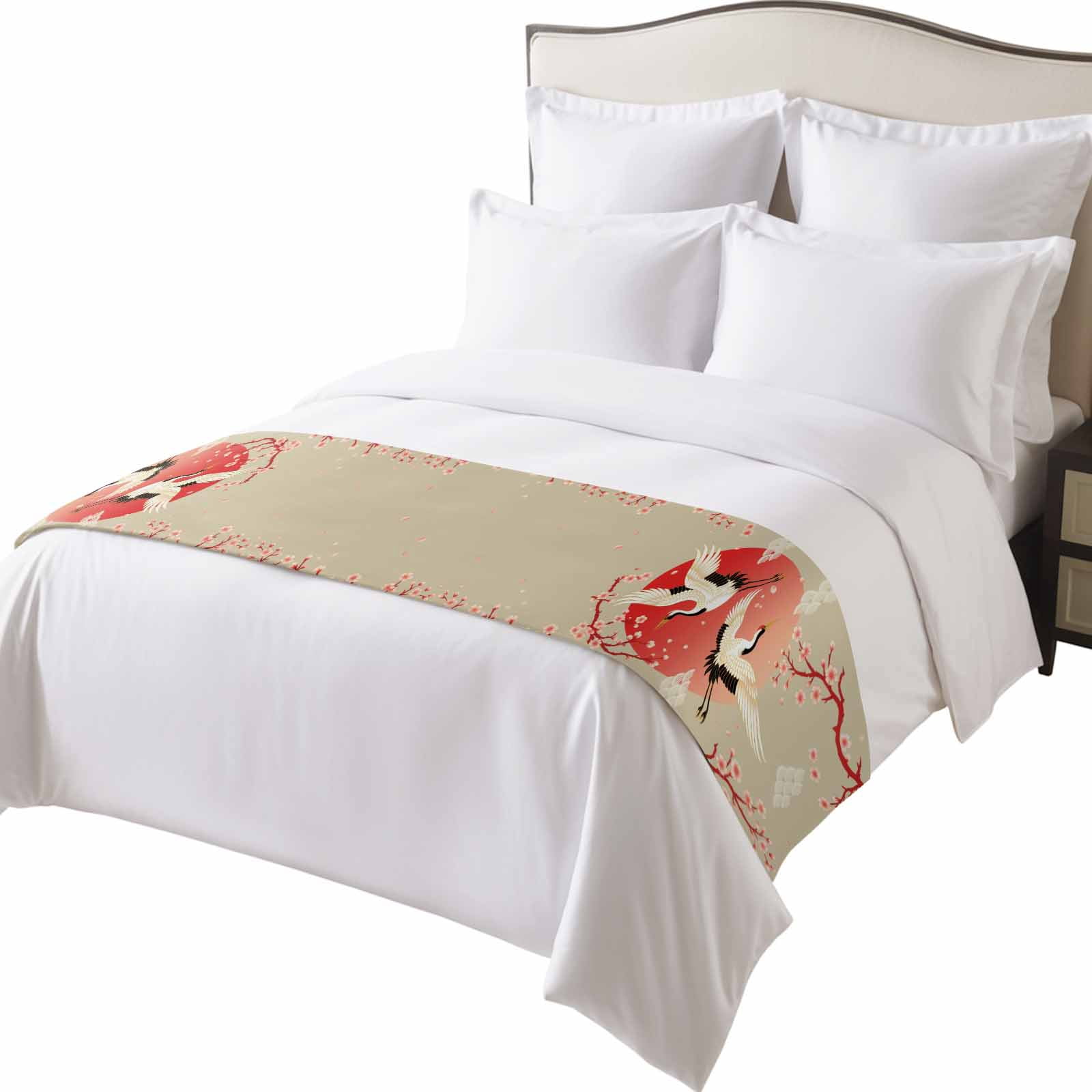 Pink Cherry Blossom Crane Bed Runner for Queen Size Bed, Japanese Style Cloud Harmony Soft Bedding Scarf Bedding Protector Slipcover Sofa Throw for Bedroom Hotel Guesthouse