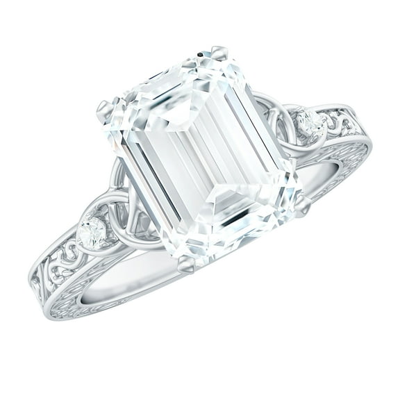 Rosec Jewels Moissanite Emerald Cut Engagement Ring 2 Ct - 7X9 mm - Celtic Knot Ring - D-VS1 Quality Certified, 925 Sterling Silver, US 4.00