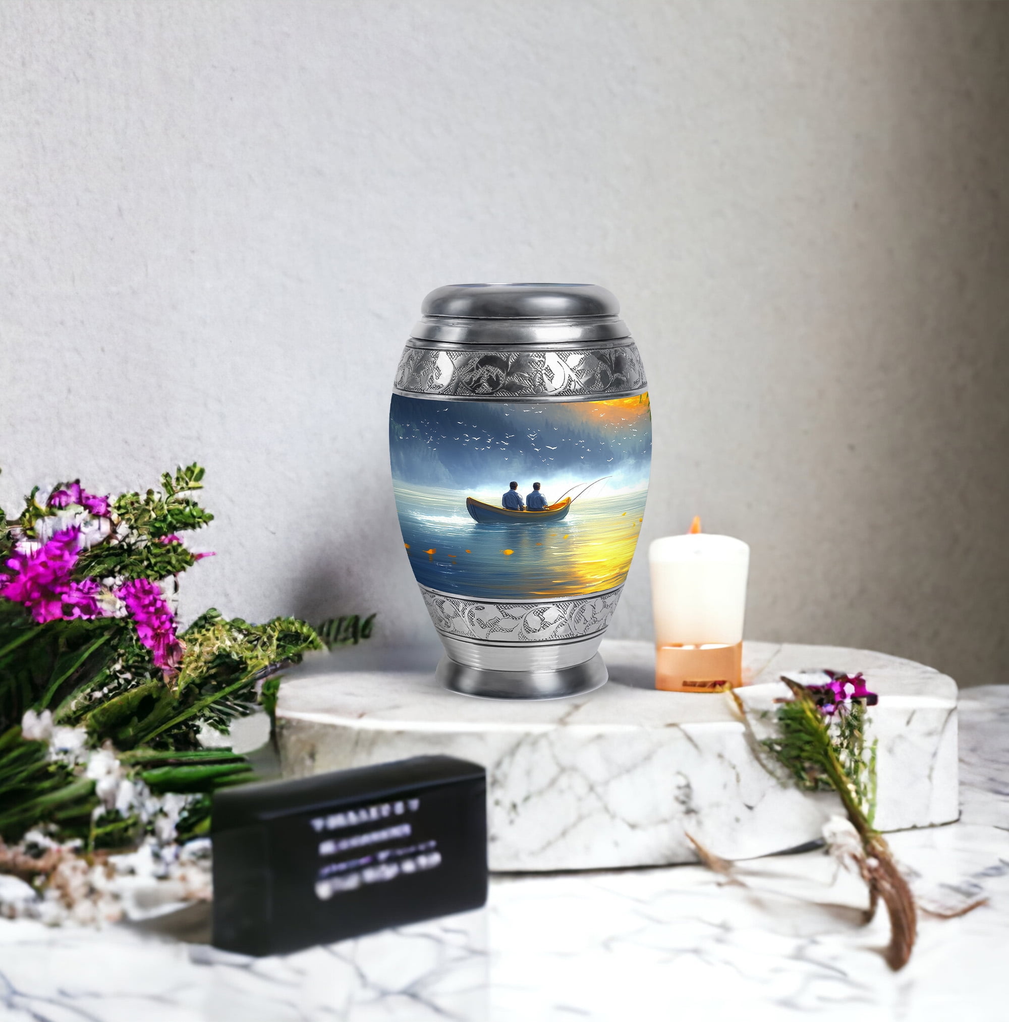 JAGASY Fishing Small Urn for Ashes for Women - Blue Mini Urns for Human Ashes Keepsake - Water Boat Birds Decorative Funeral Urns - Miniature Cremation Urn for Boy & Girl - (3 Inch)