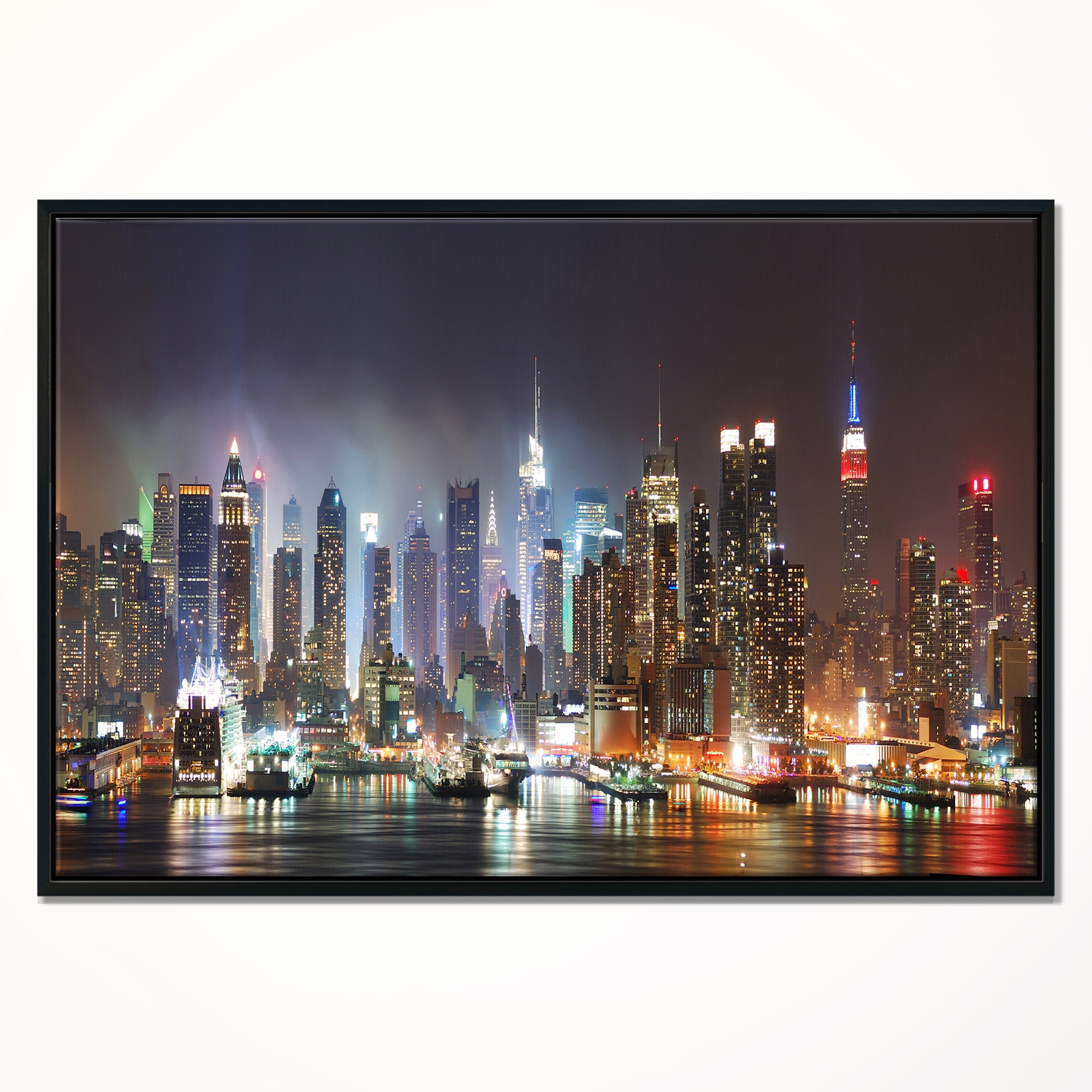 Designart ' Lit NYC Manhattan Skyline ' Cityscape Photo Framed Canvas Print