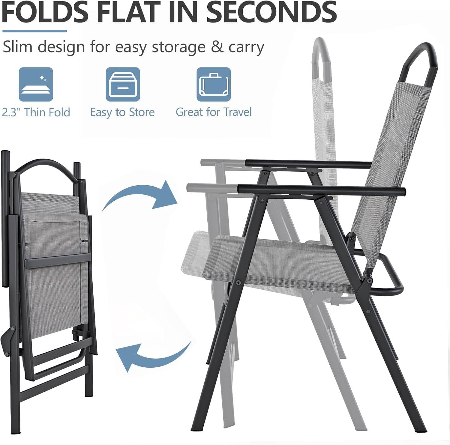 SWITTE Folding Patio Chairs Set of 2, Outdoor Dining Chairs with Armrests, Breathable Textilene & Steel Frame for Lawn, Garden, Yard or Poolside - Light Gray
