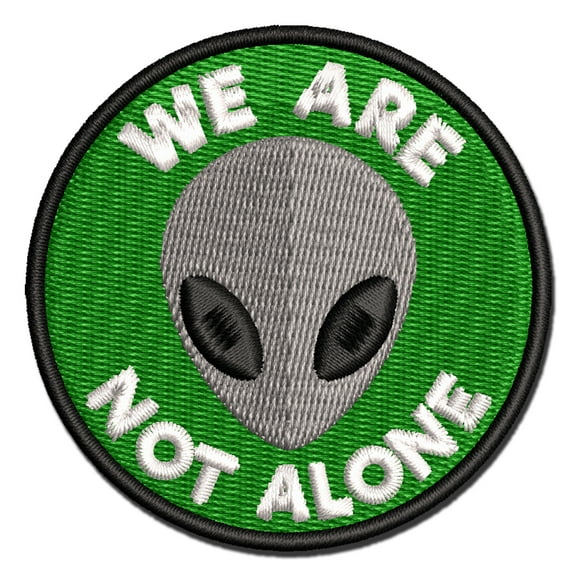 We Are Not Alone Gray Alien Head Applique Multi-Color Embroidered Iron-On Patch - 2.5 Inch Small