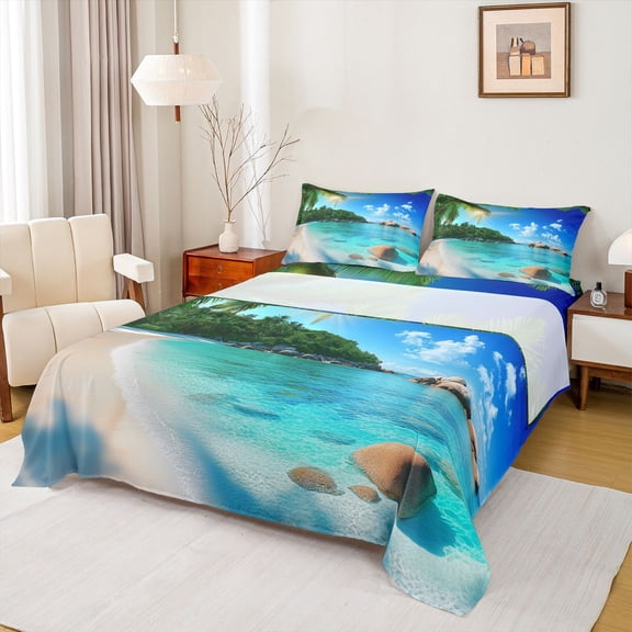jejeloiu Tropical Beach Bed Sheets,Palm Tree Ocean Full Size Sheets For Boys,Blue Green,4 Pieces,1 Flat Sheet, 1 Fitted Sheet and 2 Pillowcases