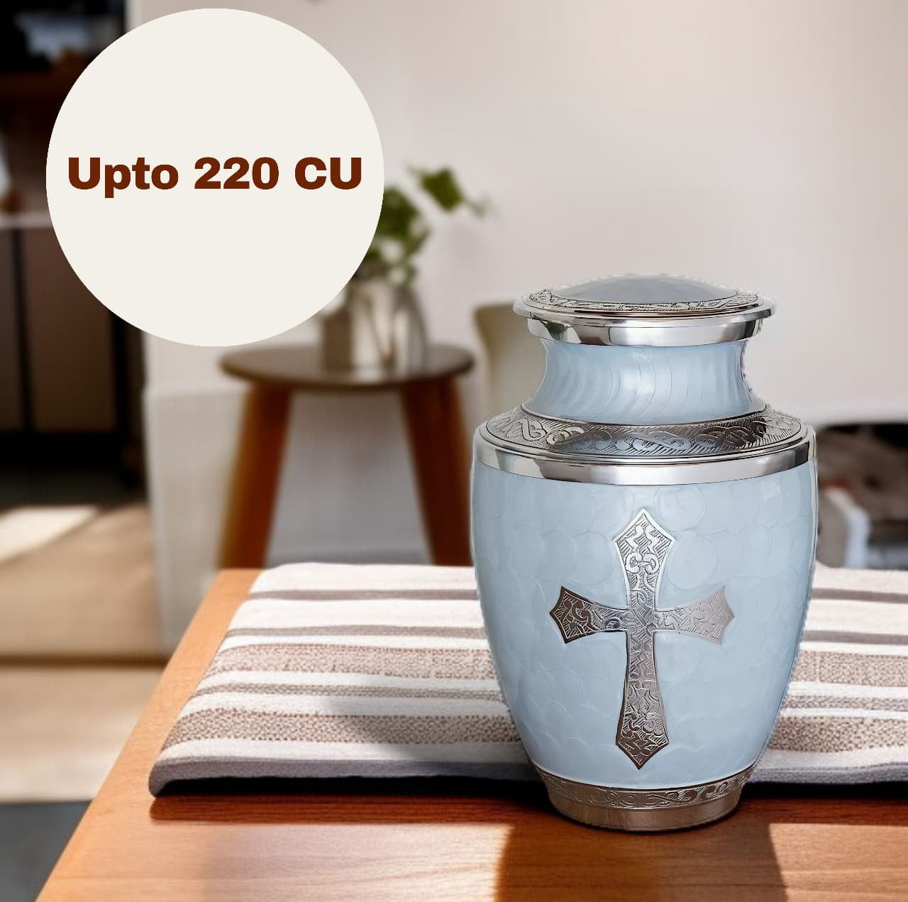Cremation Urn for Human Ashes, Adult Sized Handmade Aluminium Urn with Cross Engraving, 200 Cubic Inches