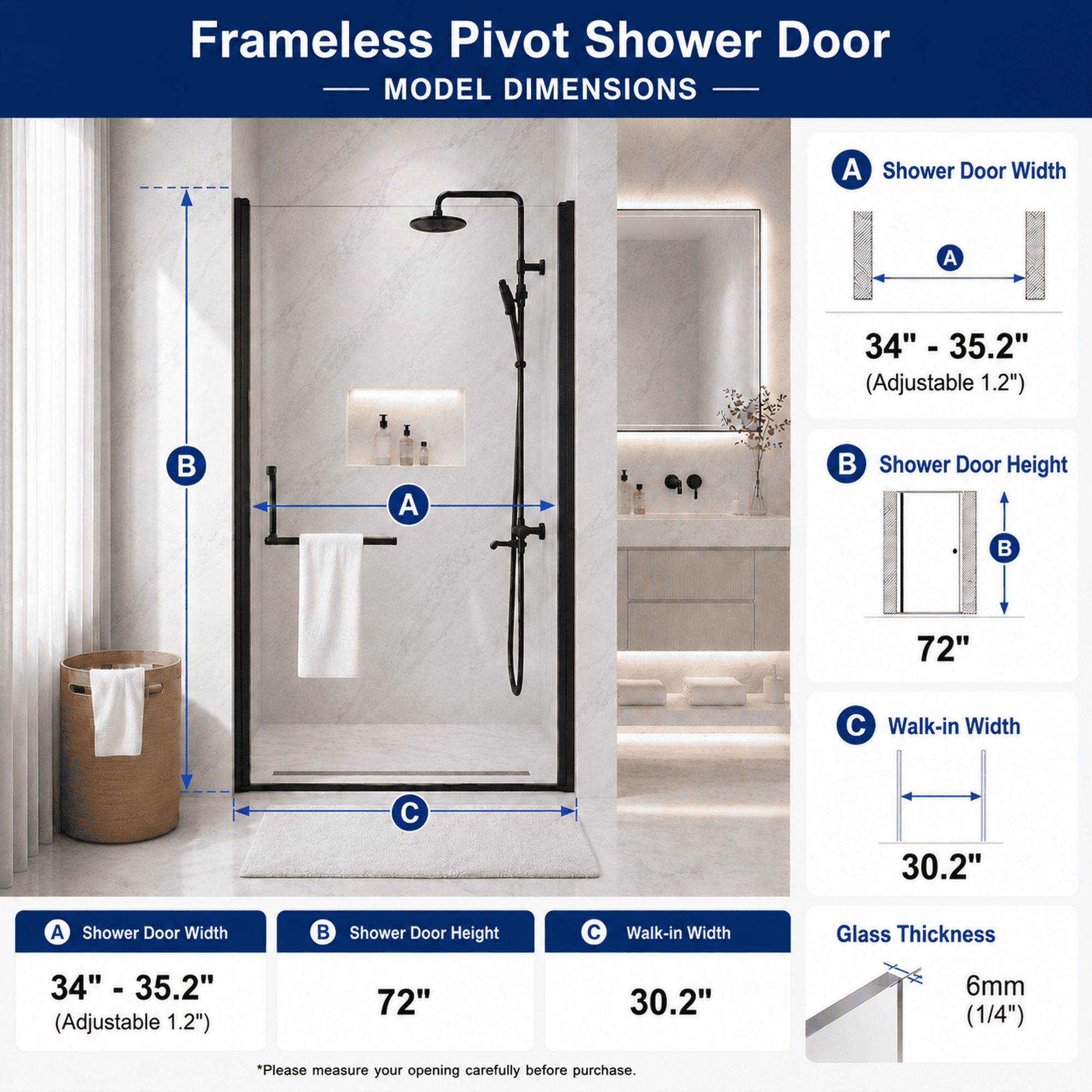 Aukfa 34-35.2" W x 72" H Matte Black Semi-Frameless Pivot Bi-Fold Shower Door, 1/4" Tempered Glass