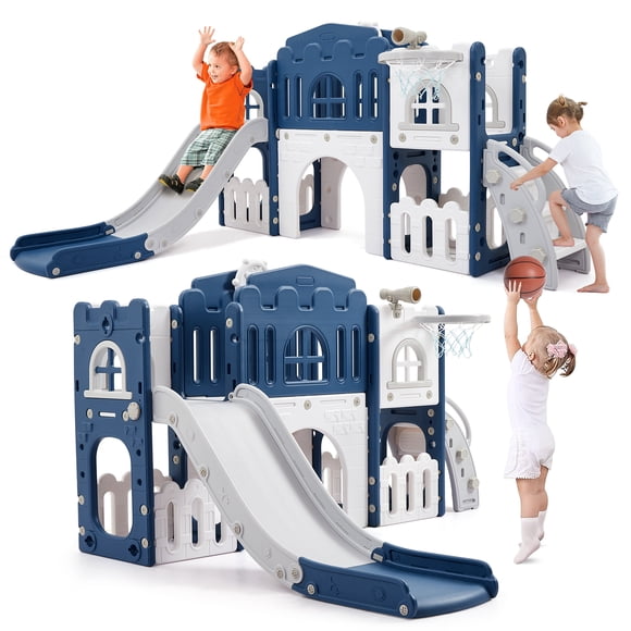 Centro de juegos 8 en 1 para niños pequeños – Tobogán interior/exterior, aro de baloncesto, escalador, túnel, telescopio, volante y almacenamiento – Juguete Educativo 1-3 años