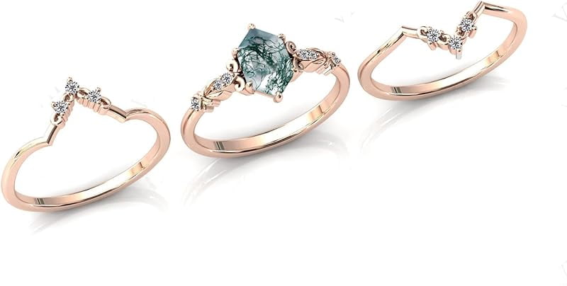 Natural Moss Agate Sterling Silver Rings Set - Leaf Art Deco Hexagon/Pear Moss Agate Engagement Wedding Promise Rings Set - Vintage Unique Bridal Ring Set for Women