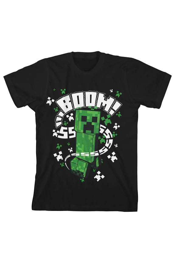 Minecraft Creeper BOOM SSSSS Boy's Black Crew Neck Short Sleeve T-shirt
