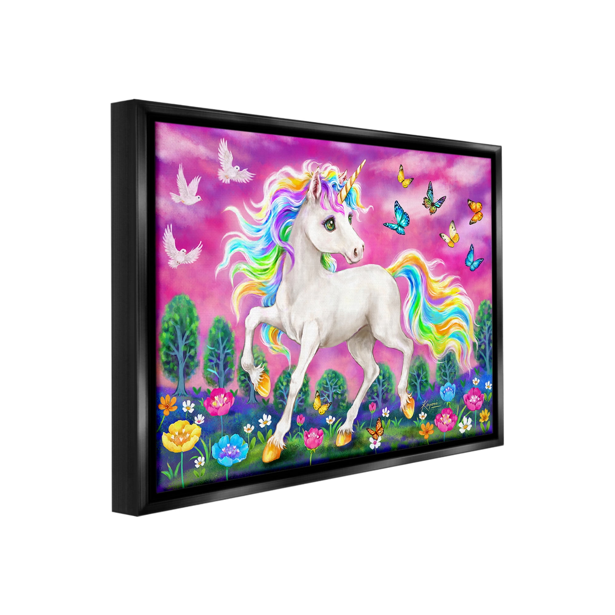 Stupell Industries Unicorn in Meadow Fairy Tales & Fantasy Painting Black Floater Framed Canvas Art Print Wall Art, 21 x 17