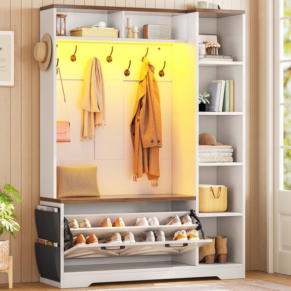 Farmhouse Hall Tree with 10 Coat Hooks, Bench and Shoe Storage, Entryway Bench with Flip Drawers, 7 Shelves and Led Lights for Entryway, Hallway