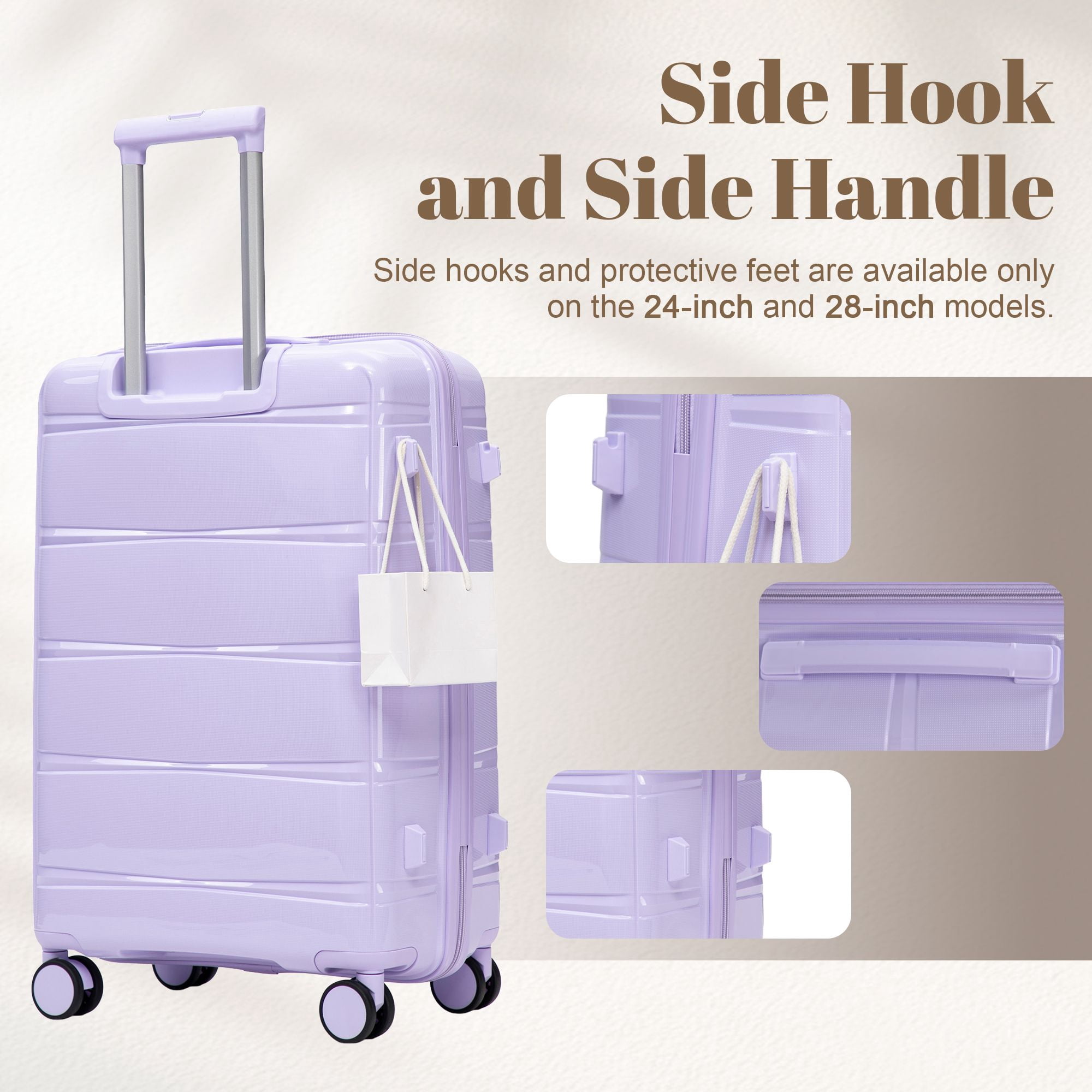 Alvantor 3 Piece Hardshell Luggage Set PP Hardside Suitcase with Iron Telescopic Handle Side Hook 20"24"28"(Purple)
