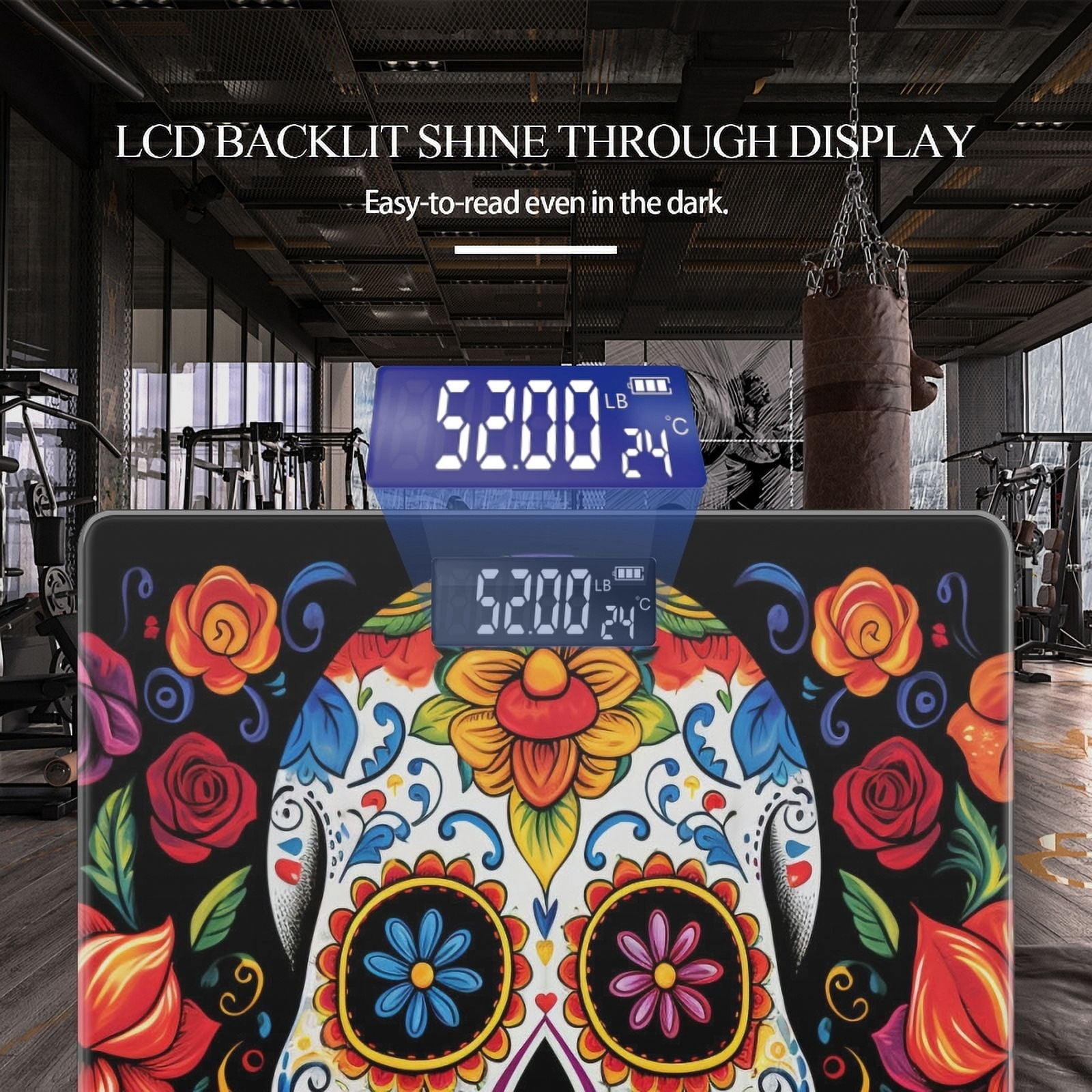 Digital Bathroom Scale with Large LCD Display,High Capacity Scale 400 lbs High Precision body fat scale-Illustration Of Skull With Colorful Floral Design