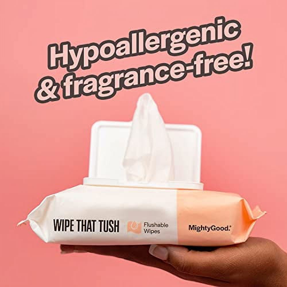 MightyGood. Wipe That Tush Flushable Wipes - 6 Packs of 50 Wipes - 300 Total Wipes - Hypoallergenic & Fragrance-Free Wipes with Aloe - Flushable Tested & Septic-Safe