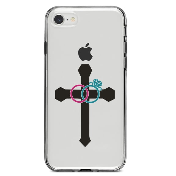 DistinctInk Clear Shockproof Hybrid Case for iPhone 7 8 SE (2020 Model) 4.7" Screen TPU Bumper Acrylic Back Tempered Glass Screen Protector - Wedding Rings Cross Jesus