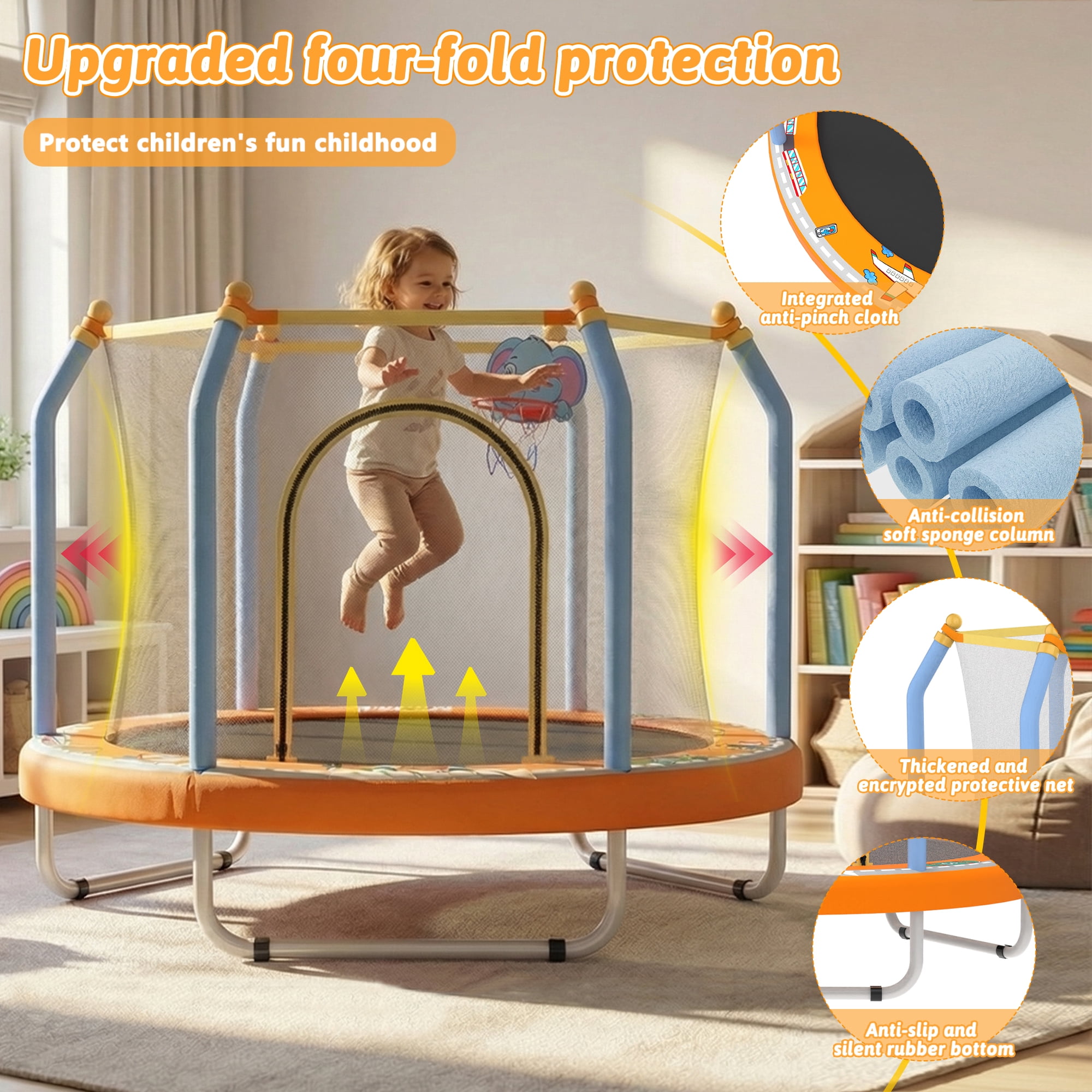 Mersco 55inch Kids Trampoline with Safety Enclosure Net, Indoor and Outdoor Toddler Trampoline with Basketball Hoop, Mini Trampoline for Baby BirthdayToys Gifts , Multicolor
