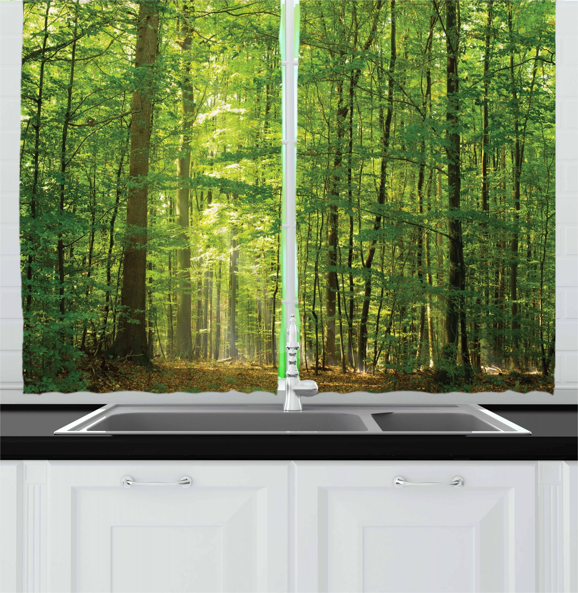 Woodland Kitchen Curtains, Deciduous Forest Trees in Summertime Foliage