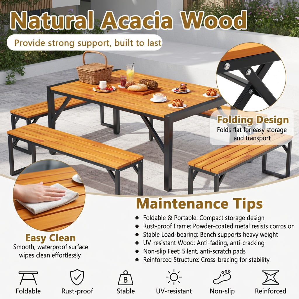 Hommoo 3-Piece Acacia Wood Patio Dining Set, Picnic Table & 2 Benches for 4, Outdoor Furniture with Heavy-Duty Metal Frame, Black & Natural