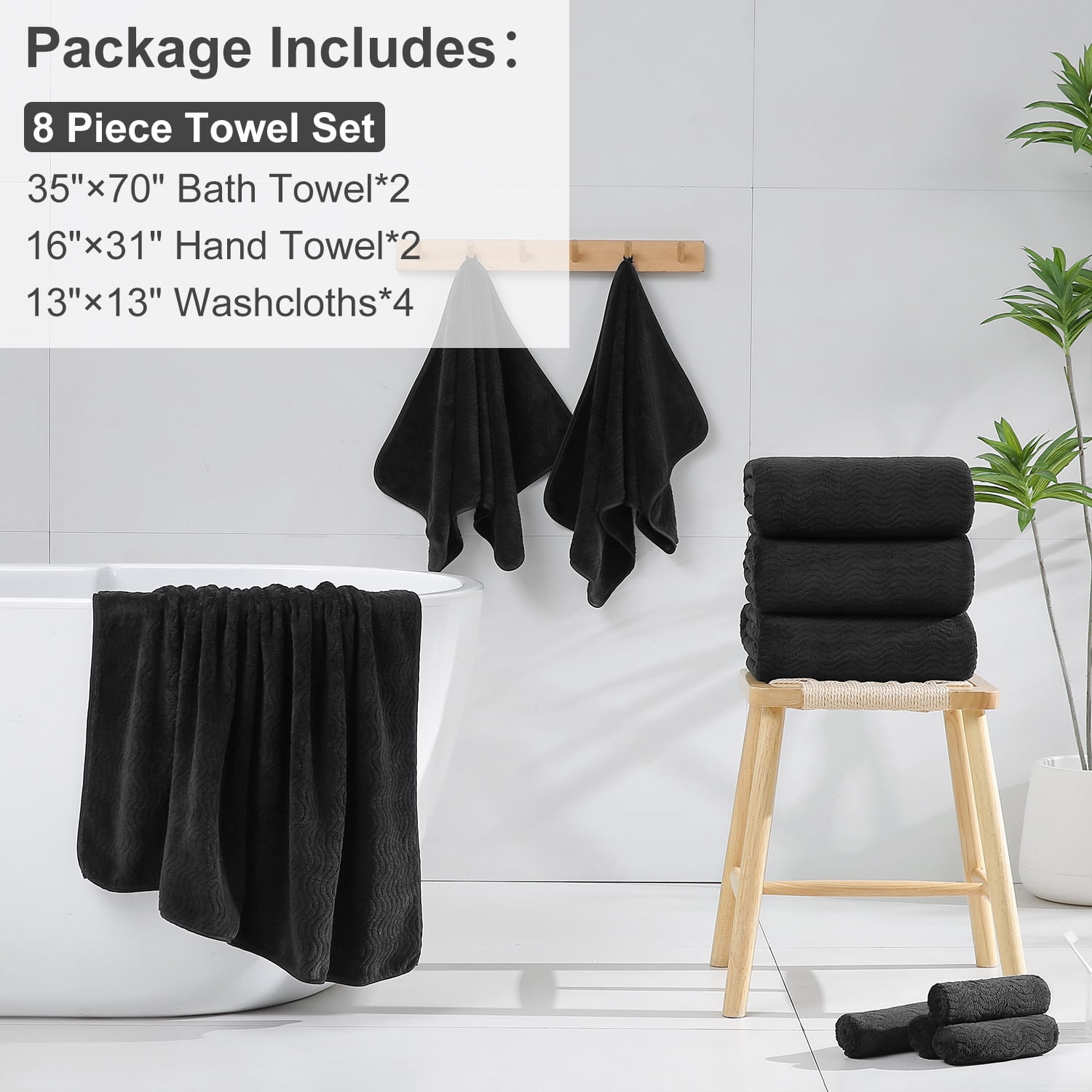 Covina Home 8 Pcs Bath Towel Set Black Microfiber Bathroom Towel Set Ultra Soft Plush Oversized Towels Adult Luxury Bath Sheet