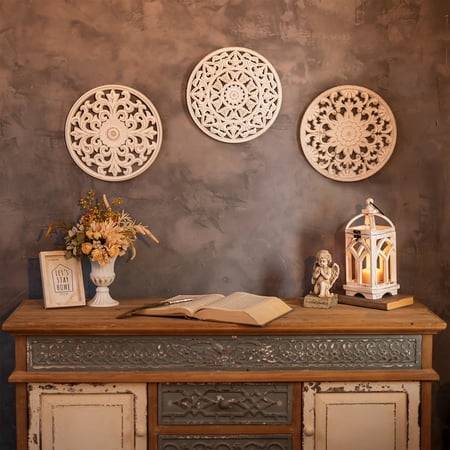 HANOBE WHITE WALL DECOR CARVED MEDALLION – RUSTIC WOOD WALL ART DECORATIVE DISTRESSED HANGING DECORATIONS FARMHOUSE HOME DECORATION FOR LIVING ROOM BEDROOM KITCHEN BATHROOM SET OF 3