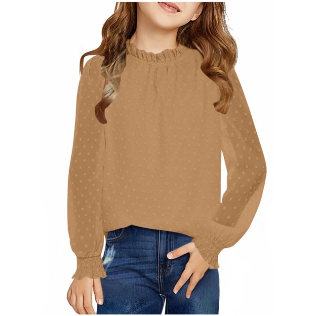 Penkiiy Chemises à Manches Longues Unies pour Filles Hauts Mignons Col Rond Blouses Décontractées Vêtements Col Rond 9 Ans Marron