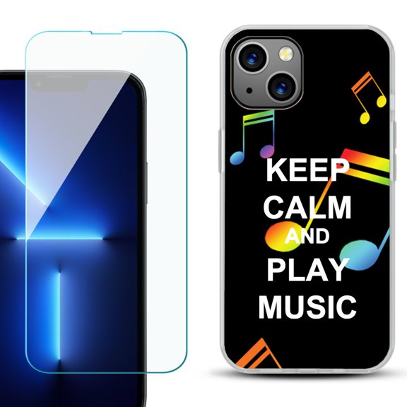 Slim-Fit Gel TPU Phone Case for iPhone 14, with Tempered Glass Screen Protector, by OneToughShield ® - Keep Calm Music