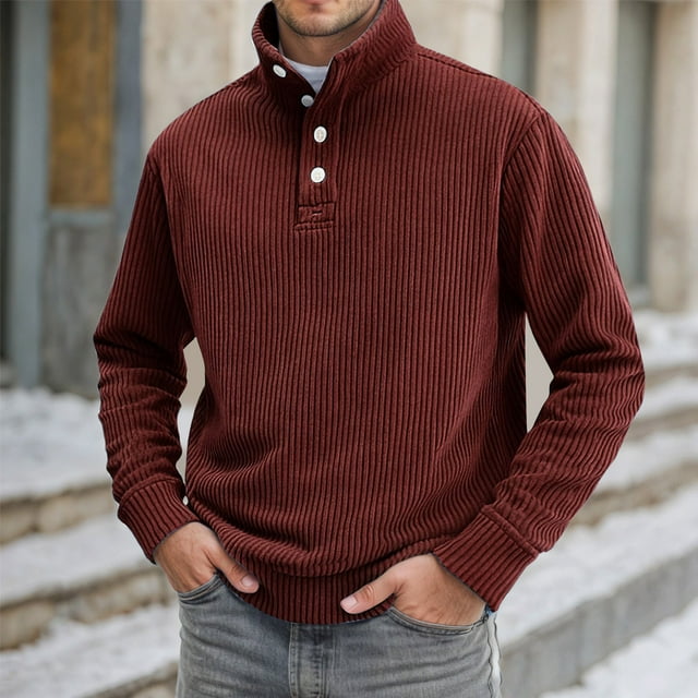 Chandail à Manches Longues pour Hommes avec Col Montant, Patte de Boutonnage et Design Imprimé Numérique pour la Saison Automne Décontractée Quotidienne