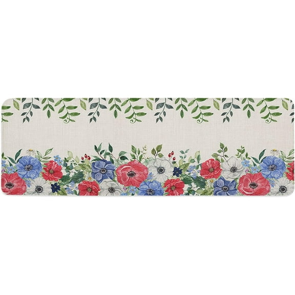Spring Summer Red Blue Flower Floral Leaves Retro Beige Kitchen Mat Rug 1 PCS Runner Rug Anti-Fatigue Comfort Memory Foam Standing Mat Non-Slip Floor Door Mat for Bathroom Bedroom 16x47in