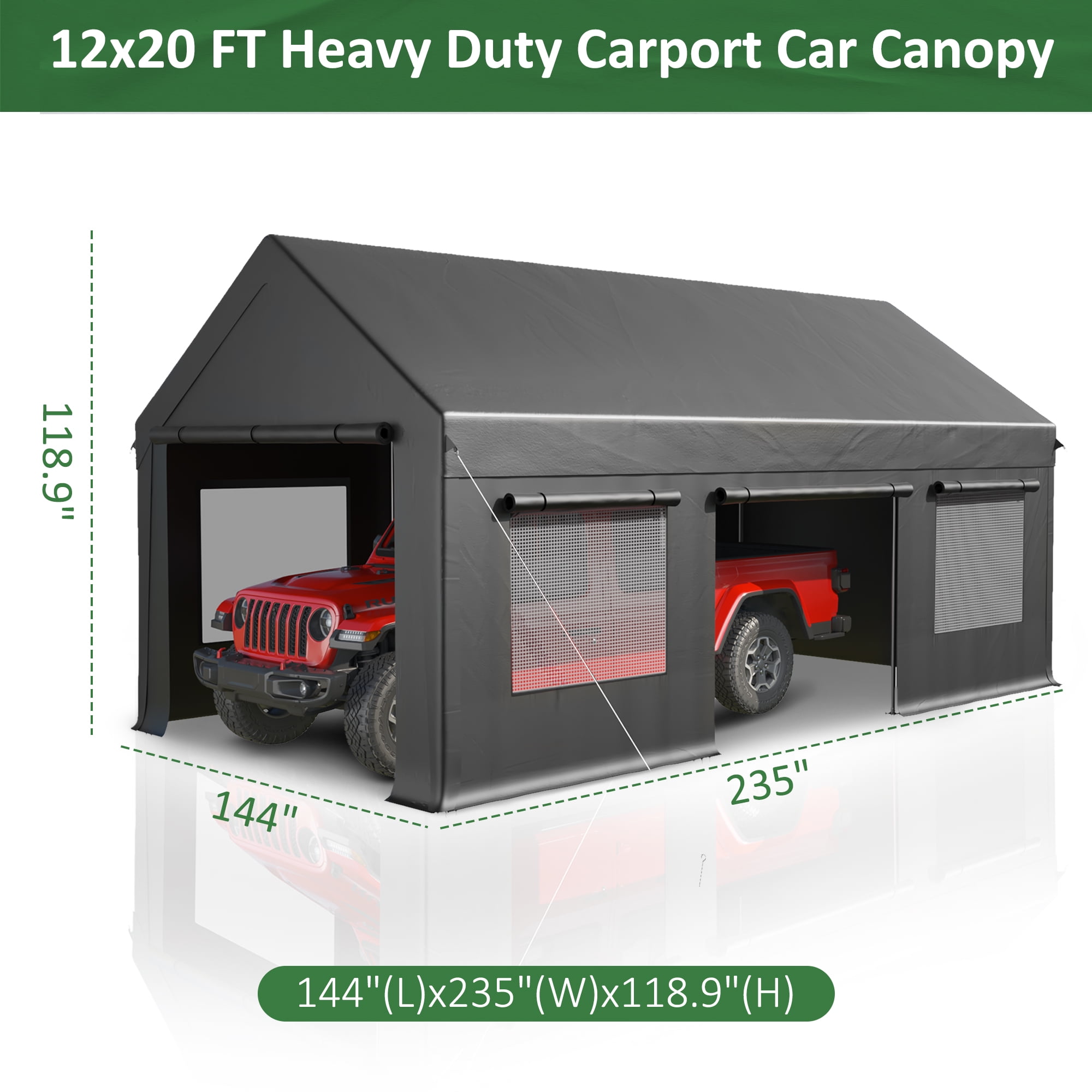 MUCHANT 12'x20' Heavy Duty Carport Canopy with Enhanced Four-Hole Base and Side-Opening Door, Portable Carports Garage for Pickup, Car, Boat