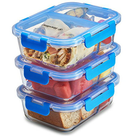 Glass Meal Prep Containers 2-Compartment - 3-Pack 32 Oz. Prep, Bake, Freeze, Reheat Glass Food Storage Containers, BPA Free Airtight Hinged Snap Locking Lids Great For Portion Control Lunch