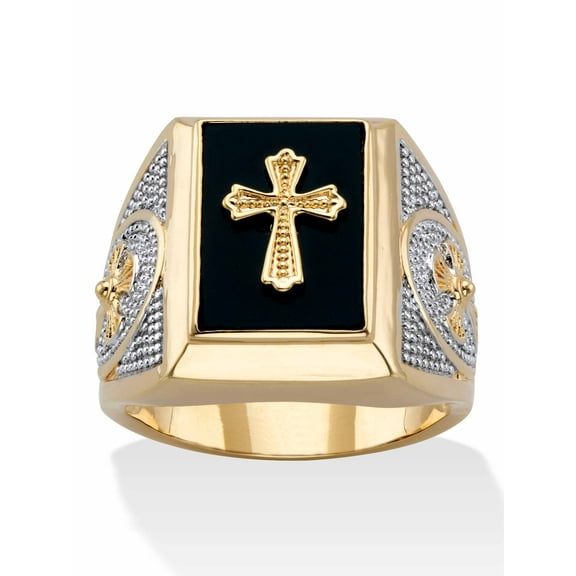 PalmBeach Jewelry Men's Emerald-Cut Genuine Black Onyx Praying Hands or Textured Cross Two-Tone Ring Gold-Plated