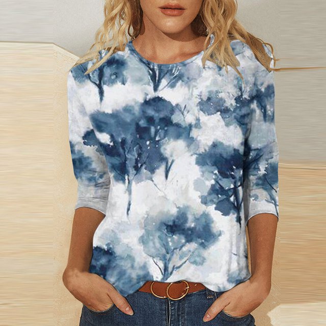 ICHUANYI Clearance Women's Fashion Printed Loose T-shirt 3/4 Sleeves Blouse Round Neck Casual Tops(Blue, XXL) ICHUANYI WER2023081403390