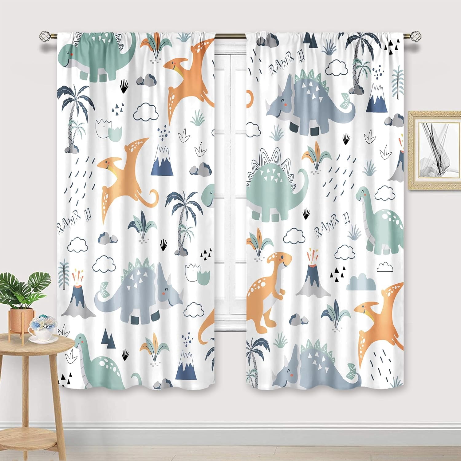 Kids Boys Dinosaur Curtains 42Wx63H Inch Rod Pocket Cartoon Dino Tropical Jungle Safari Animal Nursery Art Printed Cute Volcano Living Room Bedroom Window Drapes Treatment Fabric 2 Panels