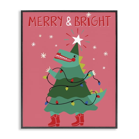 Stupell Industries Merry and Bright Dinosaur Holiday Painting Black Framed Art Prints Wall Art, 11 x 14