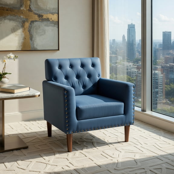 Demi Bonn Mid Century Modern Accent Chair, Button Tufted Rivets Rubber Wood Legs, Blue