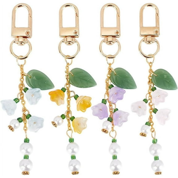 4Colors Lily of the Valley Keychains Charm with Alloy Swivel Clasps Floral Leaf Keyrings for Bag Valentine's Day