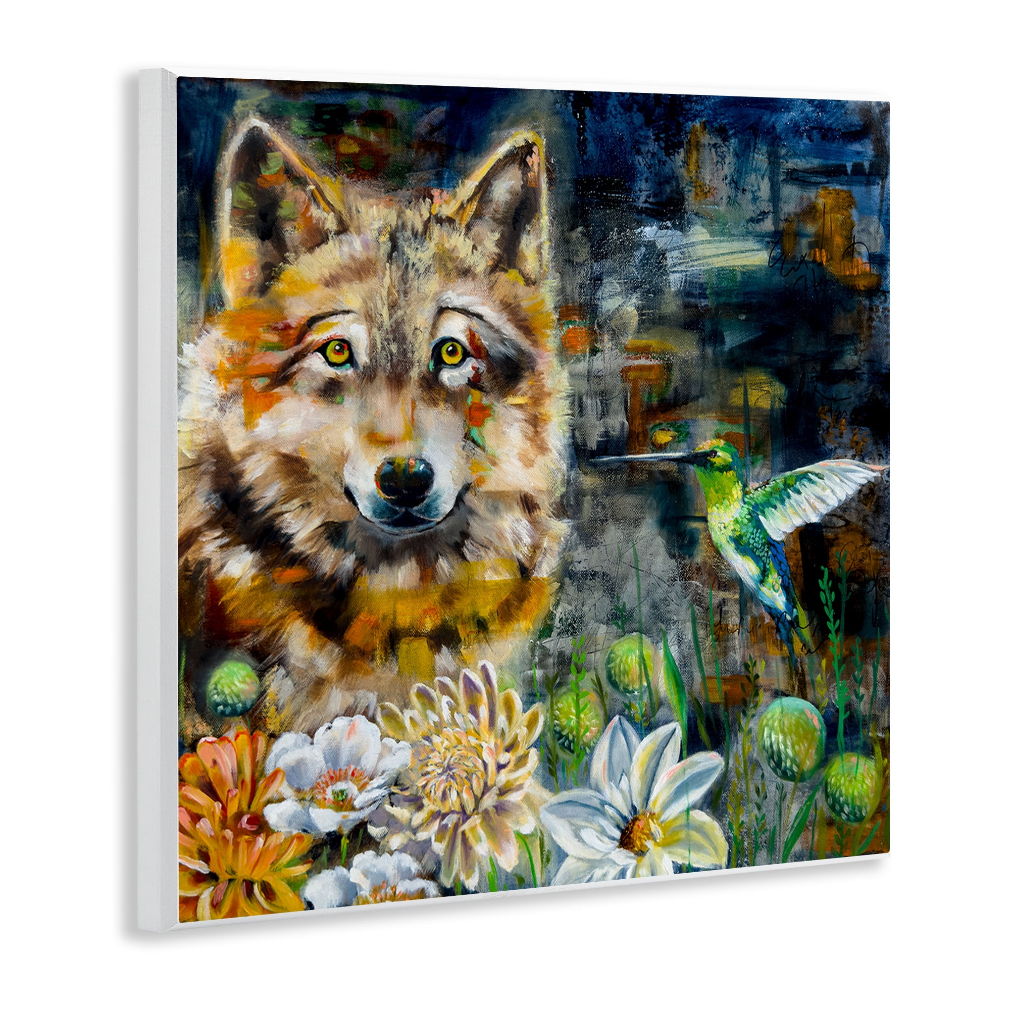Stupell Industries Beautiful Wolf & Hummingbird Animals Painting Unframed Art Print Wall Art, 12 x 12
