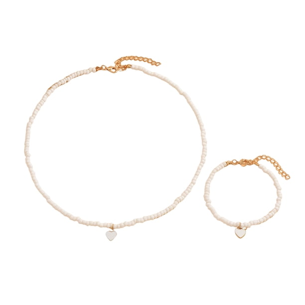 Conjunto de 2 collares y pulseras para mujer, con decoración de perlas de imitación, diseño geométrico, longitud ajustable, color oro rosa
