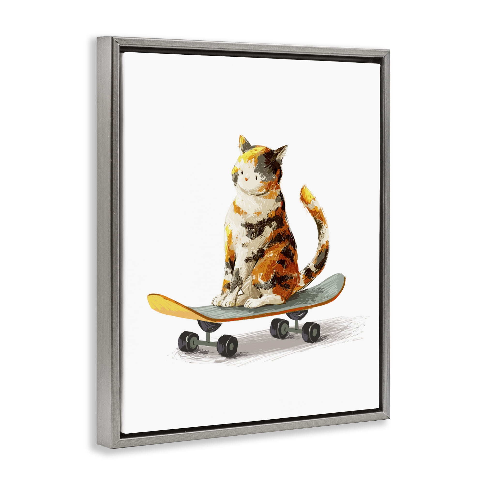 Stupell Industries Calico Cat on a Skateboard Gray Framed Floater Canvas Wall Art, design by Ziwei Li