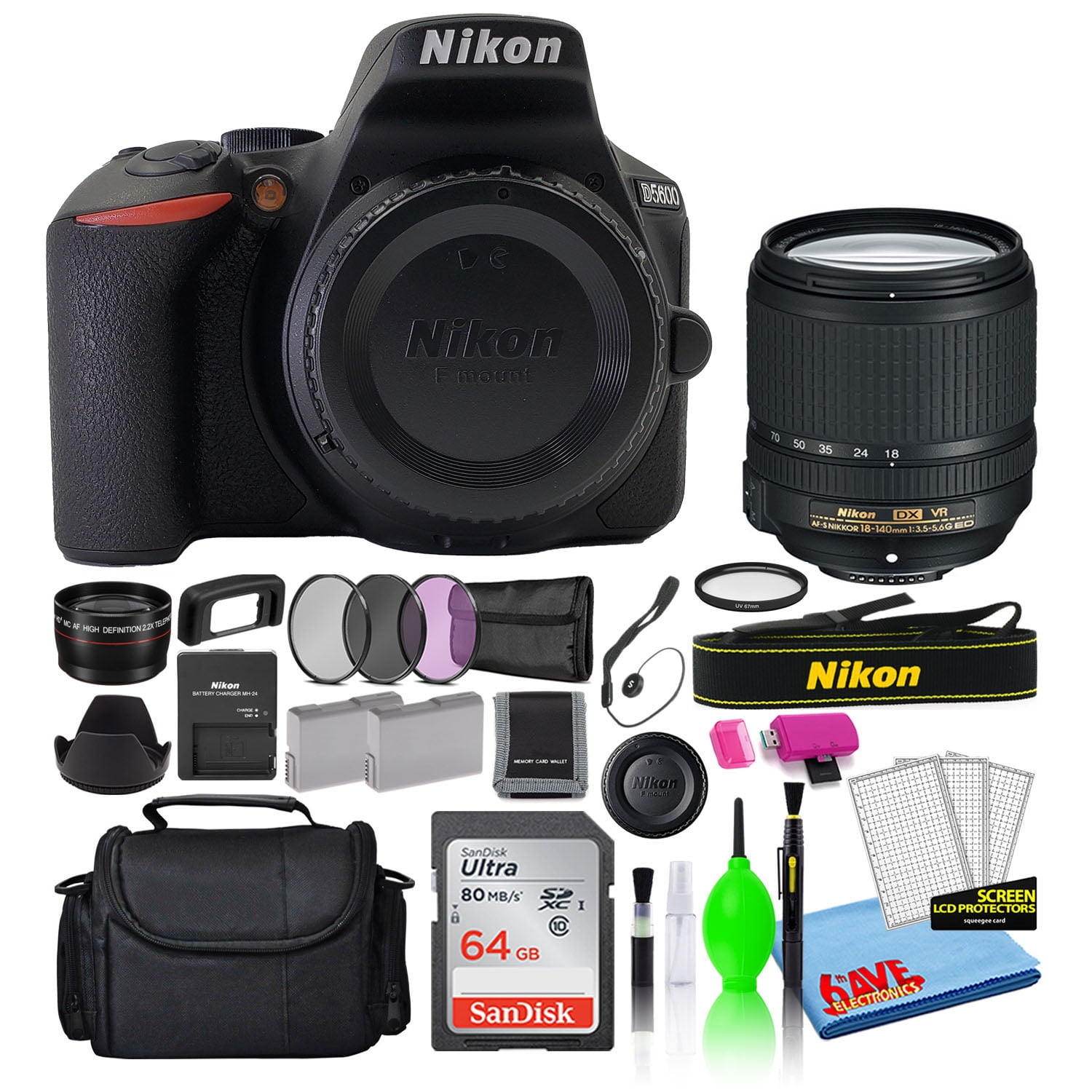 Nikon D5600 DSLR Camera Bundle with AF-S DX 18-140mm Lens 64GB SD Card Camera Bag Filter Kit Spare Battery & Telephoto Lens (International Model)