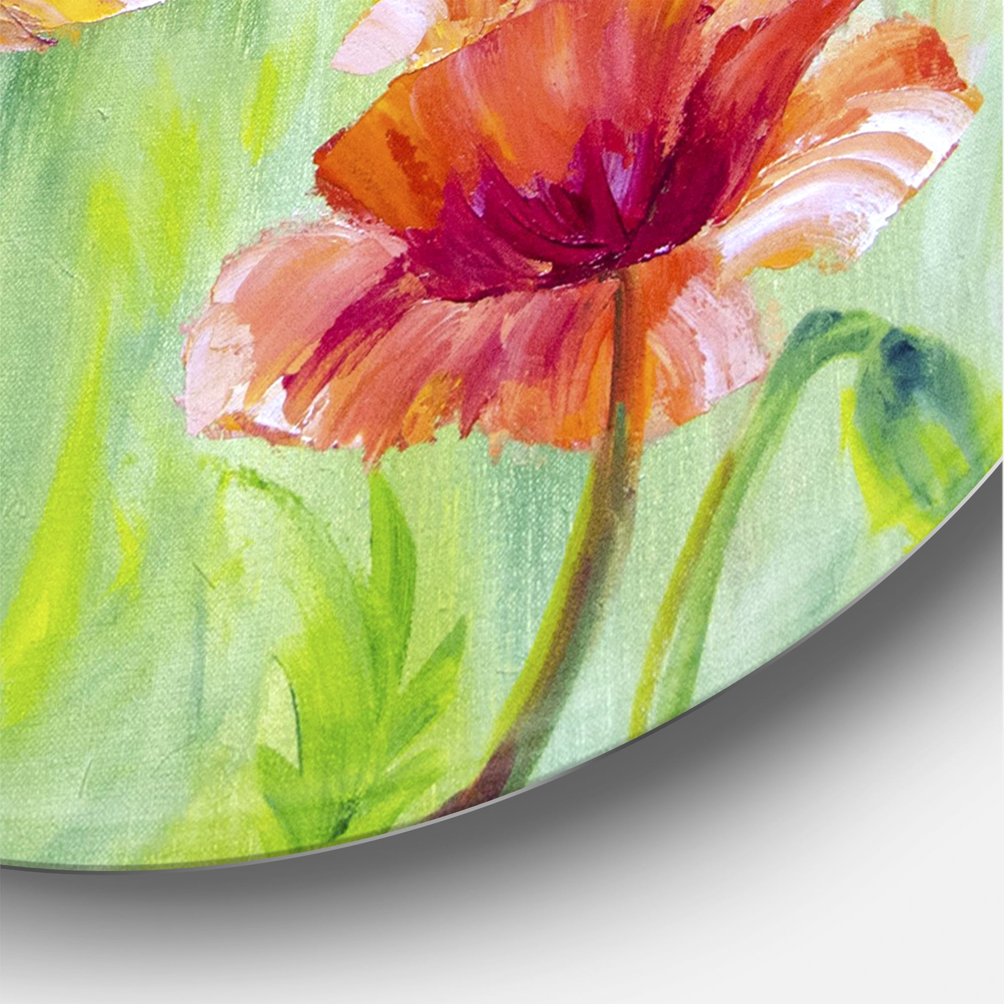 Designart 'Red Blossoming Poppies Over Wild Green II' Traditional Circle Metal Wall Art 36x36 - Disc of 36