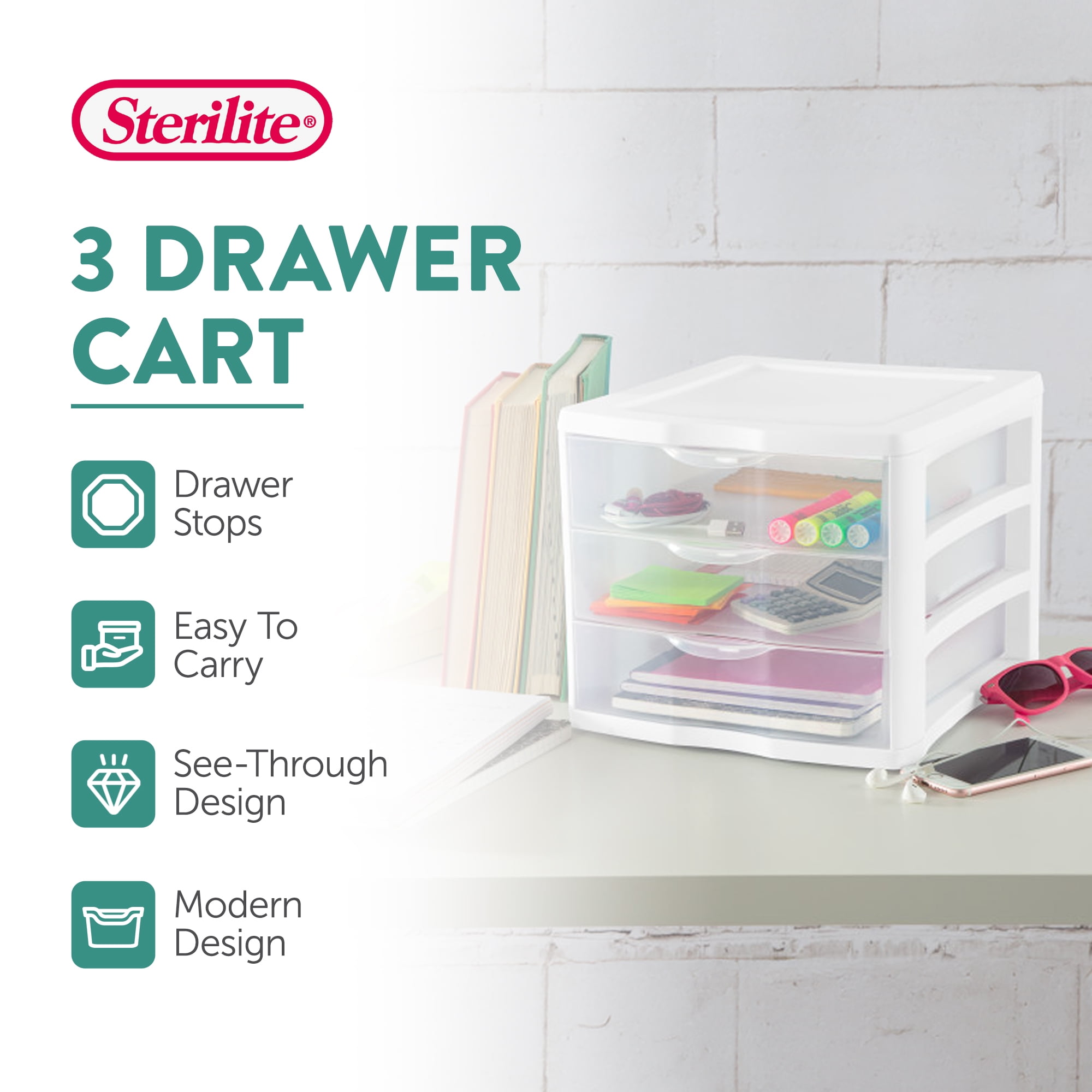 Sterilite Desktop Drawer, 3 Drawer Clear Plastic Countertop Drawer, White, Pack of 18